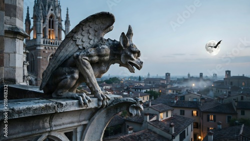 Gothic-style stone gargoyle sculpture overlooking a cityscape at dusk with a flying bird
