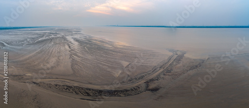 Aerial View of Tide Trees on the Qiantang River in Haining at Dusk, Zhejiang Province, China.