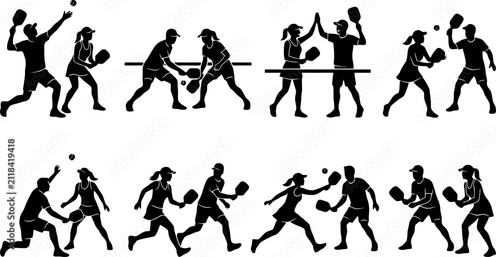 Obraz premium Set of black silhouettes showing people playing pickleball in different positions