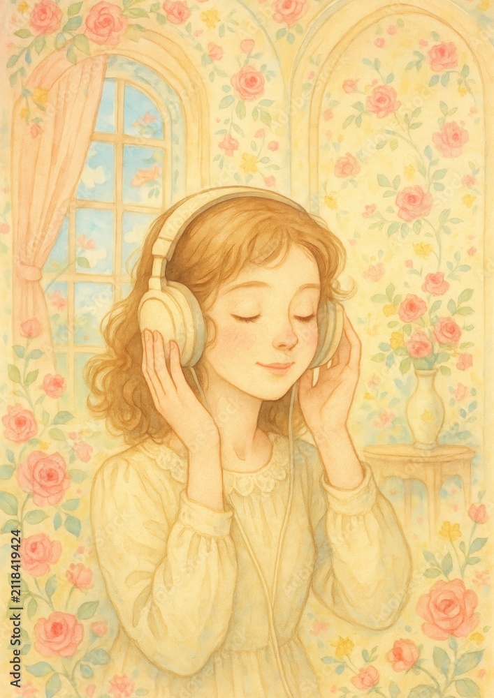 Fototapeta premium Serene girl enjoying music