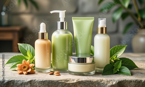 Summer skincare routine products arranged on stone surface clean commercial photography  Generative AI