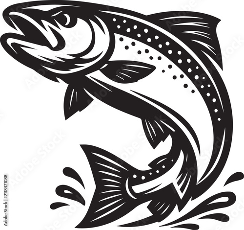 Black and white illustration of a jumping salmon fish Vector, illustration
