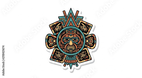 Aztec Sun Stone Inspired Vector Graphic with Intricate Patterns and Vibrant Colors