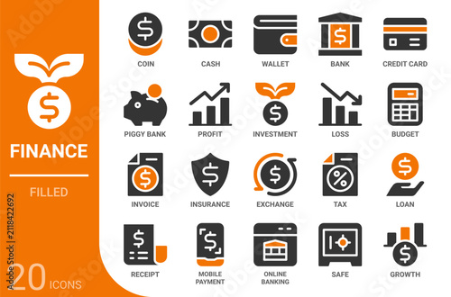finance filled glyph icon collection for web, app, UI, UX, dashboard, presentation and infographic and print design
