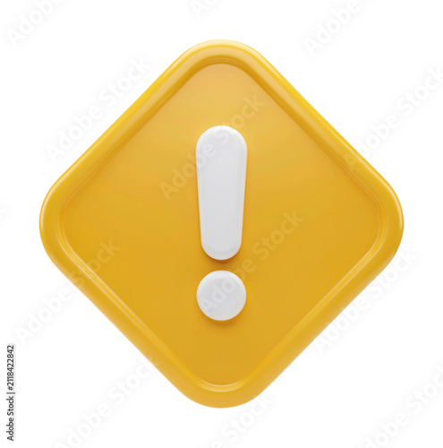 Realistic 3D Warning Alert Icon with Yellow Diamond Sign and White Exclamation Mark
