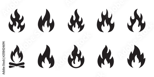 Cuadro en lienzo Fire flame icon set containing various burning fire shapes for nature camping and safety graphics
