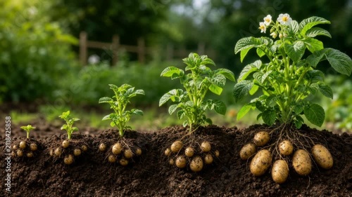 Growth stages of potato plants showing roots and tubers in fertile soil with green leaves and flowers