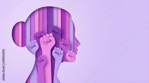 Women's Day poster with woman silhouette and fists inside in paper cut and copy space, 3D illustration. Girl face poster for feminism, independence, freedom, empowerment, activism for women rights