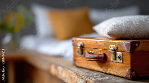 Vintage suitcase on rustic bench at cramped guestroom closeup, travel accommodation detail highlighting worn leather luggage, bed linens and budget stay impressions for reviews and booking guides