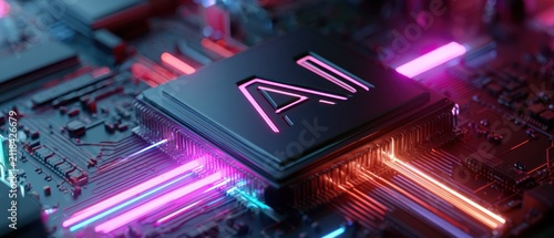 Ai chip on futuristic circuit board with neon lights