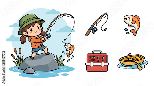Happy girl fishing with rod standing on river rock wearing hat and orange hoodie with fishing accessories icon collection.