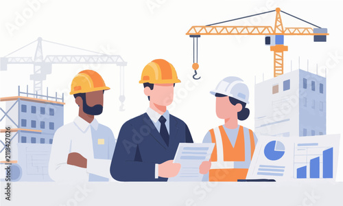 Diverse construction team planning building project with charts