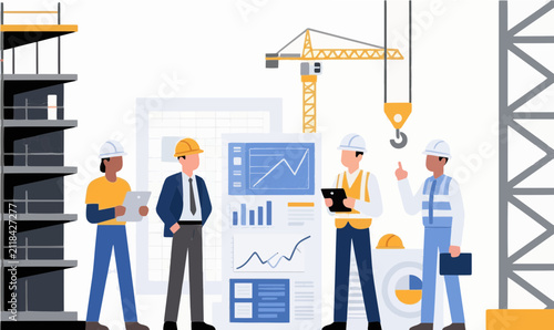 Engineers and workers reviewing data at a modern construction site