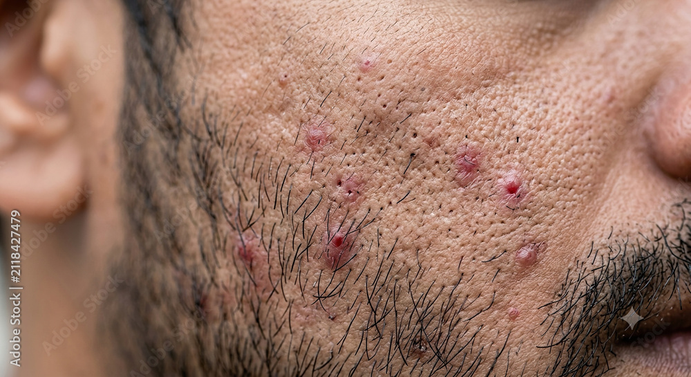 Naklejka premium Close up of acne on a man's cheek with facial hair