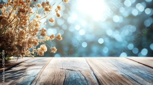 Soft light illuminates dried flowers on a rustic wooden table; blue, bokeh background