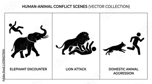 Human animal conflict scenes depicting elephant lion and dog attacks.