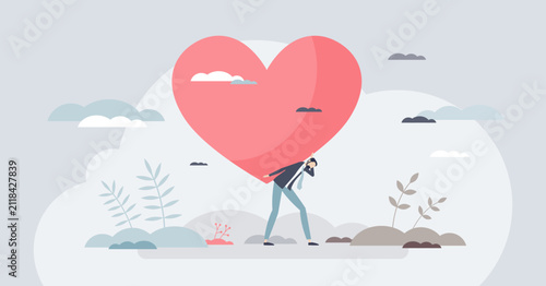 Compassion fatigue overwhelm shows a weary caregiver bending under a giant heart, symbolizing emotional burden and burnout amid soft clouds and plants. Tiny style