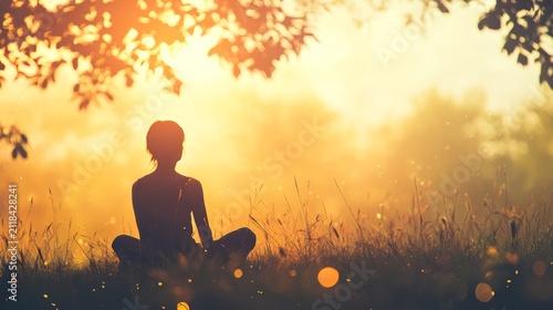 Silhouetted figure meditates in tranquil dawn meadow