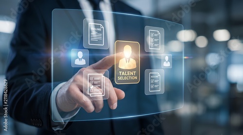 Human Resources recruitment concept showing businessman selecting top talent using a futuristic digital virtual interface for hiring success.