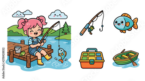 Cute girl with pink hair fishing from wooden pier in lake with frog and set of fishing equipment icon collection vector.