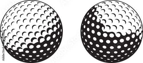Detailed black and white golf ball illustrations set showing realistic dimple texture and shadows isolated on white background.