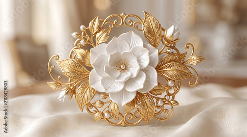 Elegant white floral hair accessory with gold filigree leaves