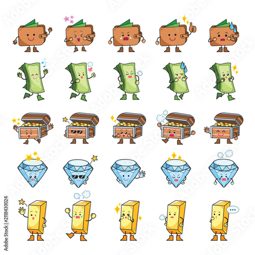 Economy and money character mascot colorful illustration set bundle. Wallet, paper money, treasure box, diamond, and gold bar object drawings.