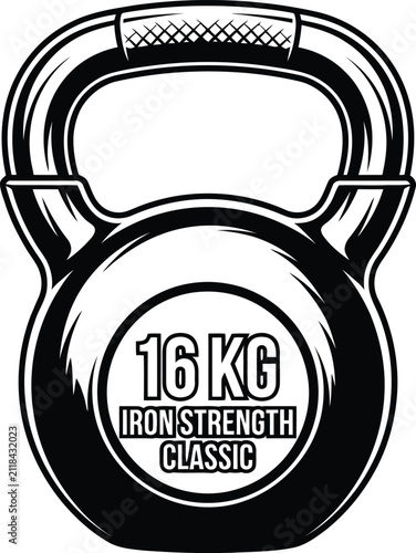 Black and white vector illustration of a 16kg iron kettlebell for fitness and gym training
