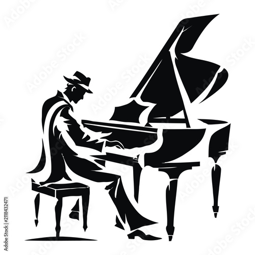 Abstract Pianist Playing Grand Piano Silhouette Vector Illustration