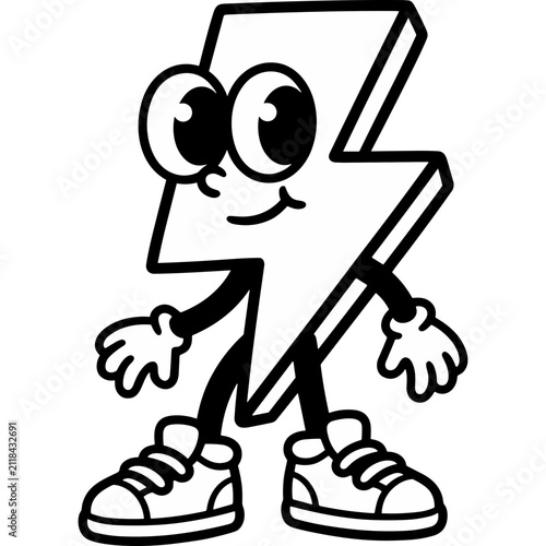 Retro cartoon lightning bolt character with funny eyes and sneakers in black and white style