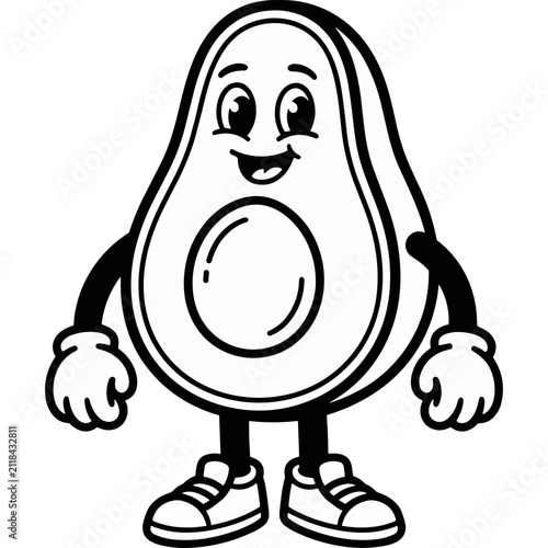 Cute cartoon avocado character with gloves and shoes line art vector illustration