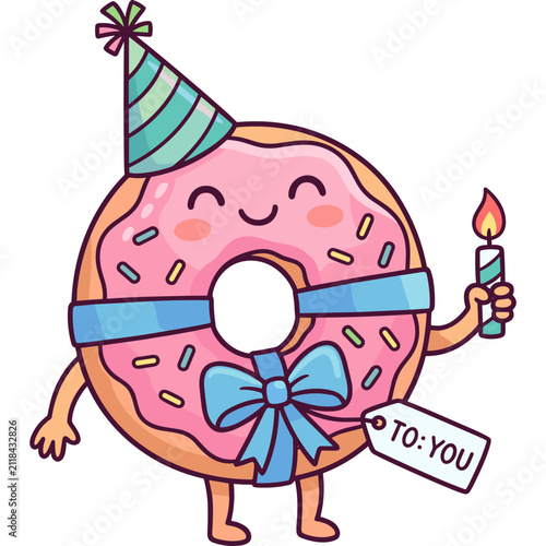 Sweet pink frosted donut character celebrating birthday with party hat, blue ribbon, and lit candle, cute vector illustration