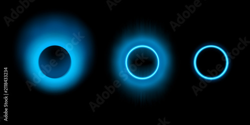 Canvastavla Set of glowing neon blue circles with different blur and light effects on black
