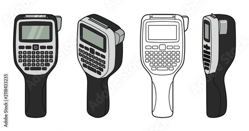 Portable handheld label maker printer device vector set in multiple angles