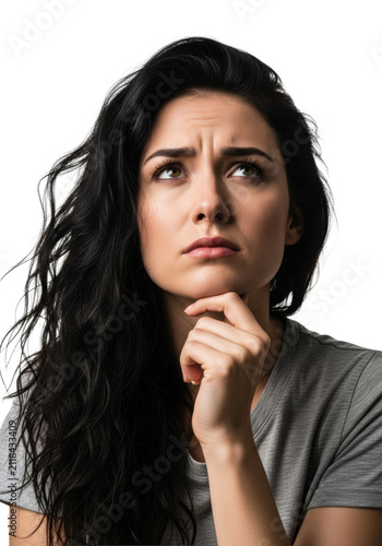young caucasian woman, mid-20s, dark wavy hair, high-key studio portrait against transparent, deep confusion, pensive hand gesture on chin, sharp 85mm focus. concept of profound doubt and uncertainty