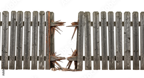 Old rustic wooden fence with broken section and dried plants isolated on transparent background