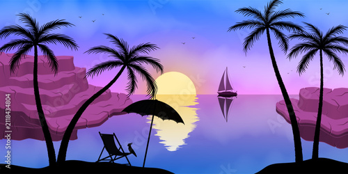 A landscape with palm trees, rocks, sea, sun, ship