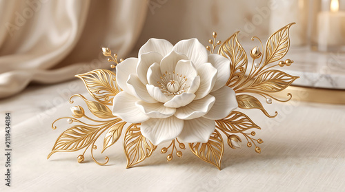 Vintage style white floral hair accessory with gleaming gold
