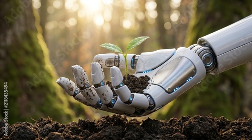 Robot Hand Holding Green Seedling in Forest for Sustainable AI and Ecology Concept