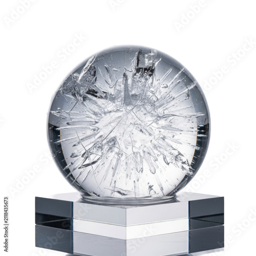 perfectly formed, clear ice sphere showcasing wet, icy fractures on a reflective gray plinth against a brilliant white high-key studio background with extreme detail. concept for premium beverage