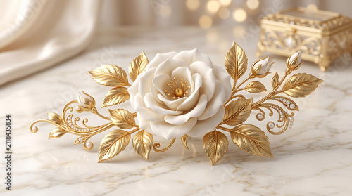 White porcelain rose arrangement with detailed golden branch