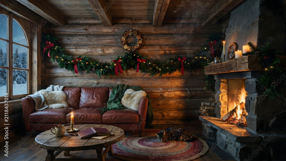 Obraz premium Cozy rustic living room decorated for Christmas with fireplace and festive garland