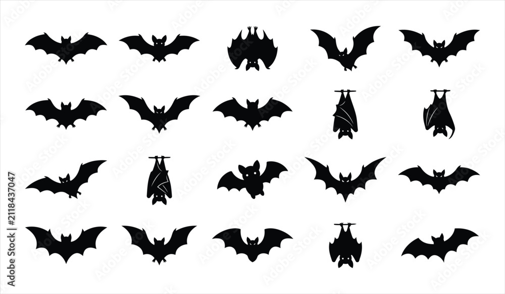 Fototapeta premium Collection of various black bat silhouettes for halloween decorations isolated on a white background for festive graphic design projects