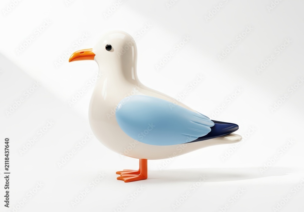 Obraz premium Stylized 3D Illustration of a Minimalist Seagull Figurine with Blue Wings and Orange Beak on White Background