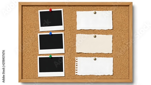 Natural cork board with pinned blank photo frames and textured notes paper.