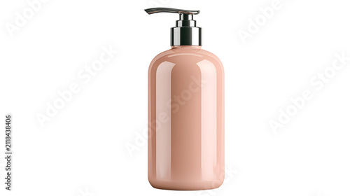 Peach-colored lotion bottle with pump white background, skincare product for beauty and personal care