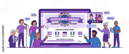 Diverse people learning languages online via laptop