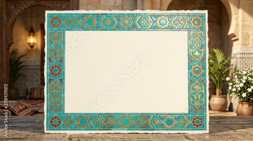 Turquoise Geometric Decorative Border With Cream Copy Space