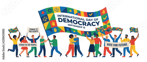 Diverse people celebrate democracy with flags and banners