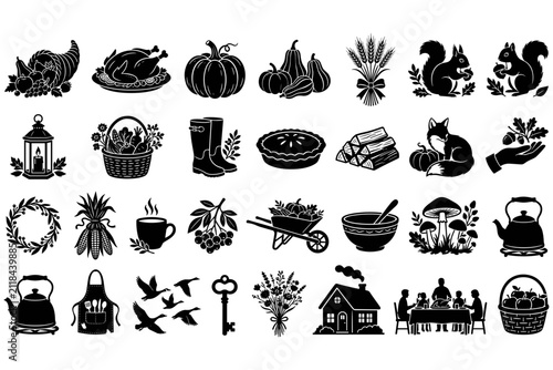 Autumn Harvest Thanksgiving Silhouette Icons Set